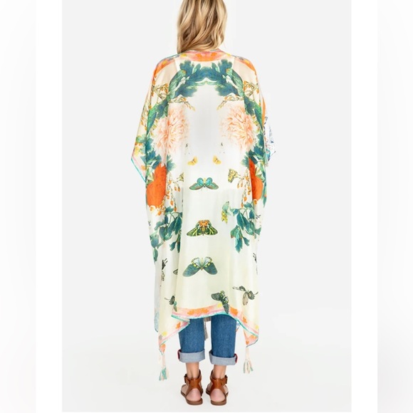 JOHNNY WAS Size OSFA Tara Kimono 100% Silk Floral Butterflies Tassels BoHo NEW - Picture 9 of 16
